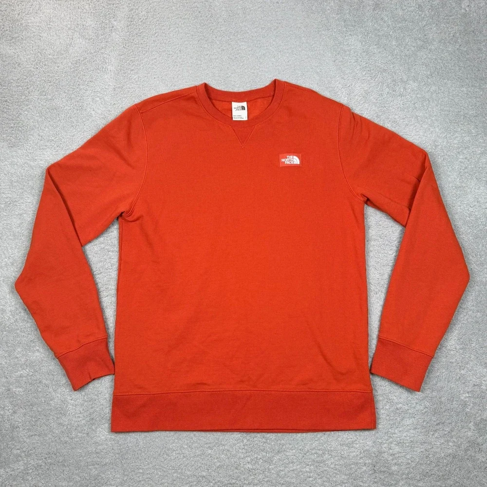 The North Face Mens Orange Crewneck Fleece Lined Logo Patch Sweatshirt Large EUC